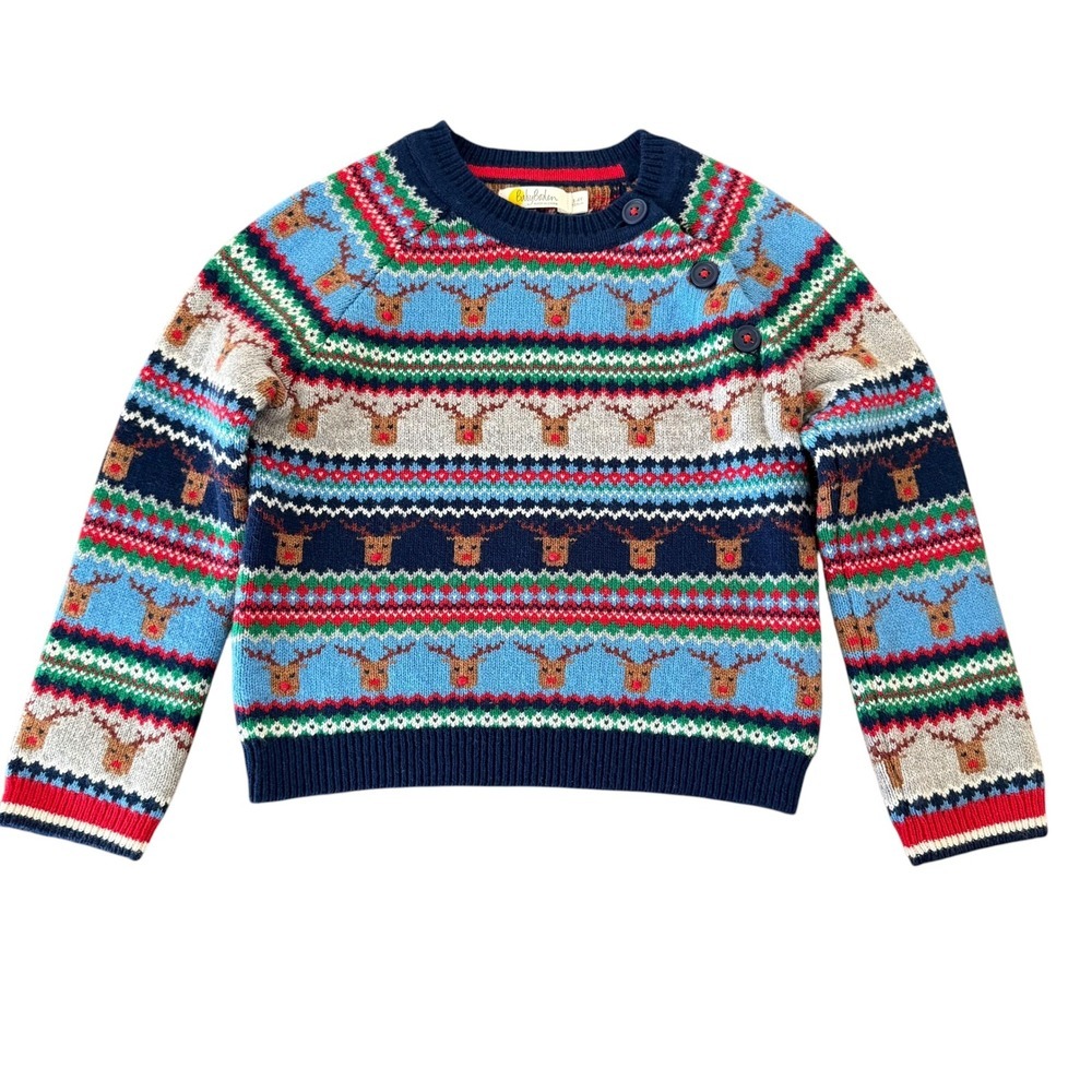 Baby‎ Boden Kids Christmas Reindeer Fair Isle Knit Sweater Blue 3-4Y